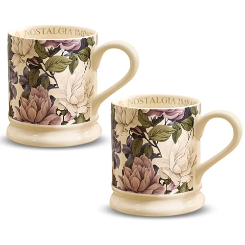 MIATTCLD Kaffeetassen 2er Set Porzellan Kaffeebecher Blume Schmetterling Design Vintage Teetasse mit Griff für Cappuccino, Kaffee, Tee, Büro Geschenk Becher Set, 380ml (Pfingstrose) von MIATTCLD