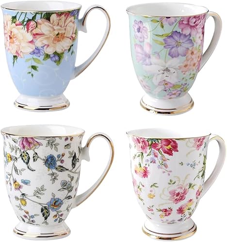 MIATTCLD Kaffeetassen 4er Set, Blumenmuster Kaffeebecher, Große Knochen China Teetassen, 300 ml Trinkbecher mit Griff für Cappuccino Kaffee Tee Milch Büro Geschenk Becher (A) von MIATTCLD