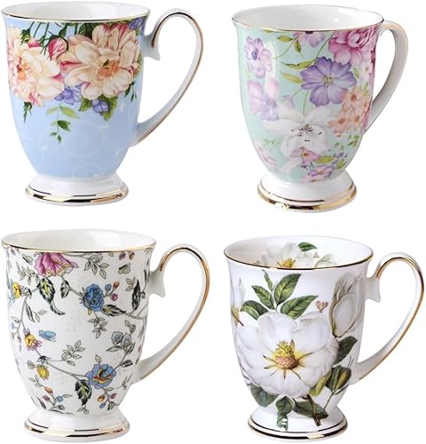 Kaffeetassen 4er Set, Blumenmuster Kaffeebecher, Große Knochen China Teetassen, 300 ml Trinkbecher mit Griff für Cappuccino Kaffee Tee Milch Büro Geschenk Becher (B) von MIATTCLD