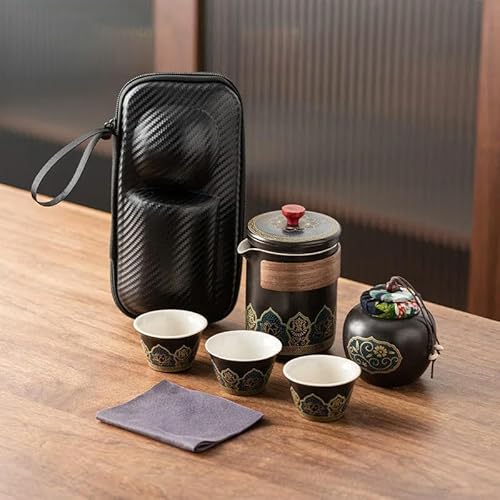 Tragbare Reise Tee Set aus Keramik, Chinesische Kung-Fu-Teekanne, Porzellan Reise Teeservice mit 1 Kanne, 3 Tassen und 1 Teedose für Outdoor Picknick, Reisen, Zuhause, All-in-One-Geschenktüte von MIATTCLD