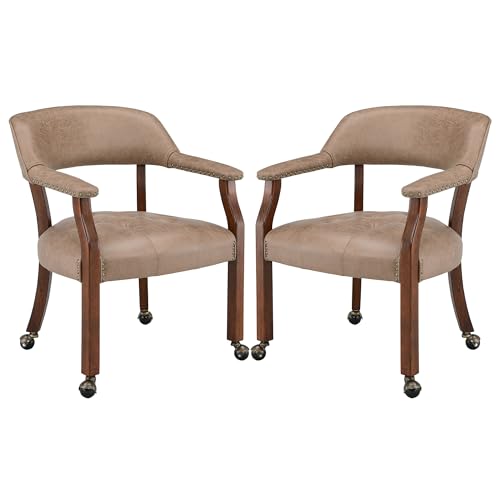 MIAUWUUFHOME 2 er Große Esszimmerstühle mit Rollen und Arme, Rolling Dining Stühles mit Rädern, Akzent Spiel Stühle-Boss Caption's-Stühle, 66CM x 64CM x 66.5CM, Kirsche Beine & Khaki Braun SY-1533-LT von MIAUWUUFHOME