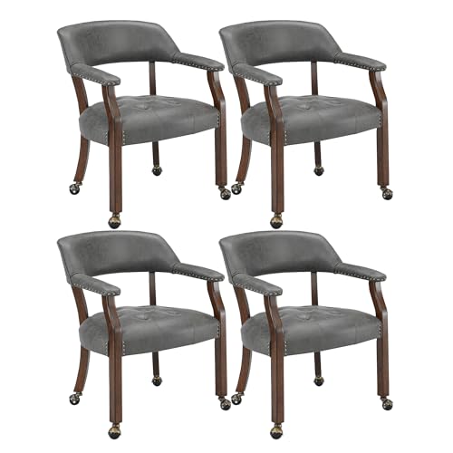 MIAUWUUFHOME 4 er Große Esszimmerstühle mit Rollen und Arme, Rolling Dining Stühles mit Rädern, Akzent Spiel Stühle-Boss Caption's-Stühle, 66CM x 64CM x 66.5CM, Kirsche Beine & Grau SY-1533-GY von MIAUWUUFHOME