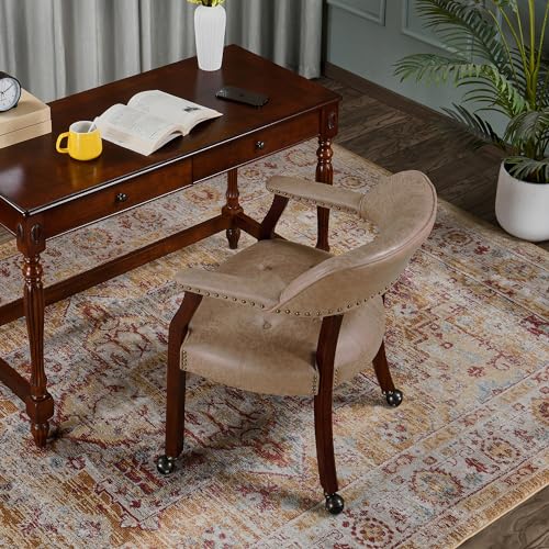 MIAUWUUFHOME Große Esszimmerstühle mit Rollen und Arme, Rolling Dining Stühles mit Rädern, Akzent Spiel Stühle-Boss Caption's-Stühle, 66CM x 64CM x 66.5CM, Kirsche Beine & Khaki Braun SY-1533-LT von MIAUWUUFHOME