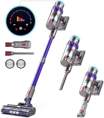 MIBODE 45000Pa Akku Staubsauger, 550W Staubsauger Kabellos mit Smart Display, Bis zu 60 Minuten Laufzeit, Staubsauger mit Automatikmodus & Anti-Verhedderung-Bürste für Teppich und Tierhaare-Lila+Grau von MIBODE