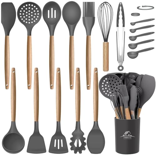 Mibote 17 Pcs Silicone Cooking Kitchen Utensils Set with Holder, Wooden Handles BPA Free Non Toxic Silicone Turner Tongs Spatula Spoon Kitchen Gadgets Utensil Set for Nonstick Cookware (Grey) von MIBOTE