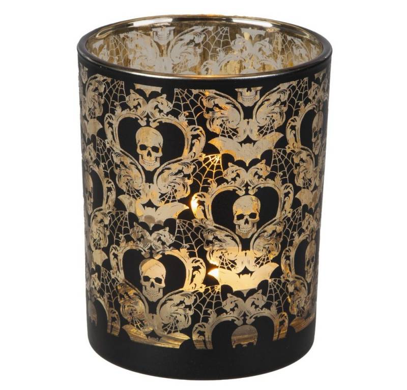 MICA Dekofigur Windlicht - Totenkopf schwarz/gold - ca. 10 x 12,5 cm von MICA