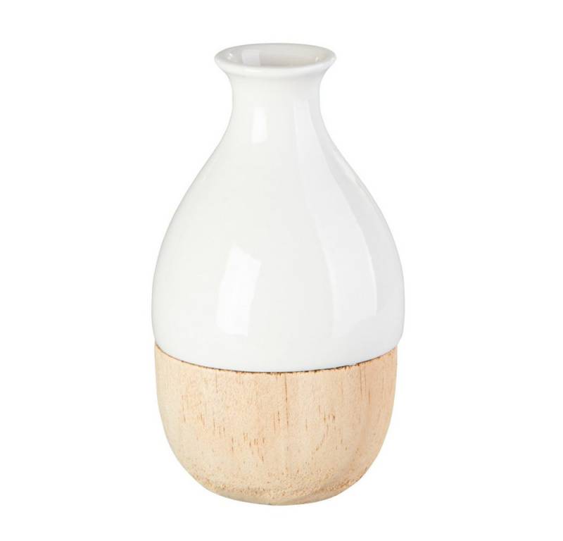 MICA Dekovase Vase weiß/braun bauchig - aus Dolomit und Holz - ca. 8 x 8 x 15 cm von MICA