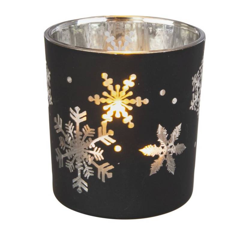 MICA Teelichthalter Teelichtglas - Schneeflocken - schwarz/silber - ca. 7 x 8 cm - 1 Stüc MICA Teelichthalter Teelichtglas - Schneeflocken - schwarz/silber - ca. 7 x 8 cm - 1 Stüc von MICA
