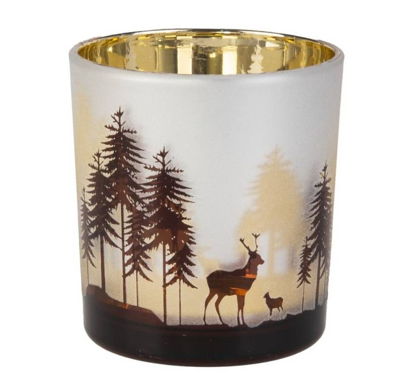 MICA Windlicht Teelichtglas - Hirsch im Wald - weiß/braun - ca. 7 x 8 cm von MICA