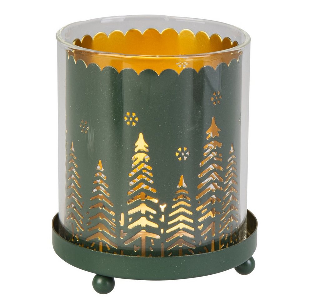 MICA Windlicht Windlicht Tannenwald - grün/rot - Metall und Glas - ca. 7,5 x 9,5 cm - von MICA