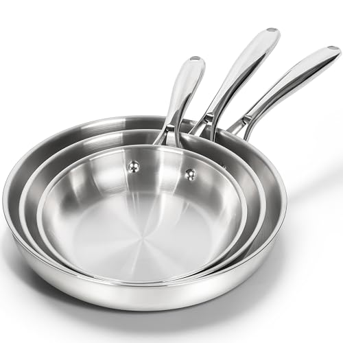 MICHELANGELO Edelstahl Bratpfannen-Set, 20,3 cm / 24,1 cm / 27,9 cm Kochpfannen, Dreifachboden Edelstahl Pfannen-Set mit ergonomischem Griff, Induktionskompatibel von MICHELANGELO