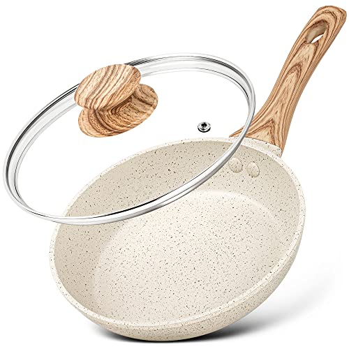 MICHELANGELO Kleine Bratpfanne mit Deckel, 20,3 cm, Bratpfanne antihaftbeschichtet mit ungiftiger Beschichtung, Granit-Eierpfanne mit Verbrühschutzgriff, kleine Pfanne, Weiß von MICHELANGELO