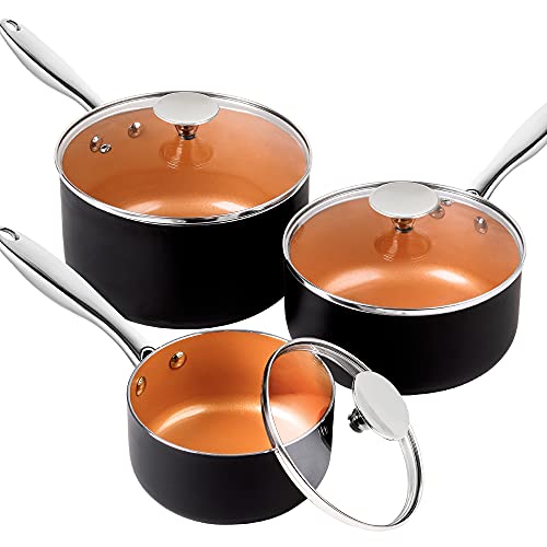 MICHELANGELO Topf-Set, 3-teilig, Kupfer-Soßentopf-Set mit Deckel, 1 Qt, 2 Qt und 3 Qt, kleiner Topf mit Deckel, Keramik-Antihaft-Stielkasserolle, Saucentöpfe von MICHELANGELO