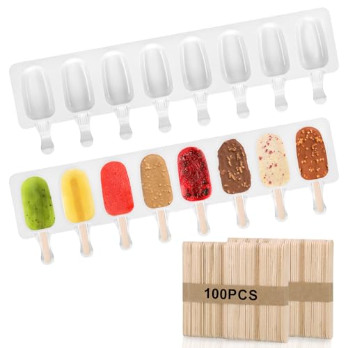 MICHIHOMIE 2 Stück Eis am Stiel Formen, 8 Kavitäten Silikon Eisformen mit 100 Holzstielen, Wiederverwendbare Popsicle Formen BPA Freie für Kinder und Erwachsene von MICHIHOMIE