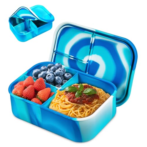 MICHIHOMIE Brotdose Kinder mit Fächern 1200ml, Silikon Bento Box Bruchfest und Auslaufsichere, Brotbox für Mädchen und Jungen, BPA-frei Lunchbox für Schule, Picknick (Blau) von MICHIHOMIE