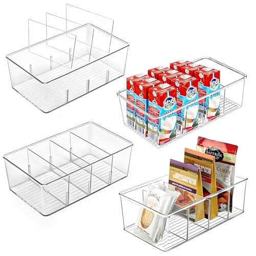MICHIHOMIE Kühlschrank Organizer 4er Set, Durchsichtig Stapelbar Aufbewahrungsbox mit 4 Fächern für Küchen, Kühlschrank, Vorratsbehälter, Schränke, Badezimmer - BPA Frei von MICHIHOMIE