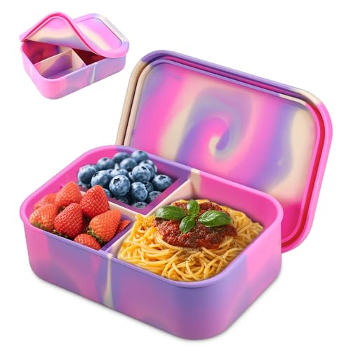 MICHIHOMIE Brotdose Kinder mit Fächern 1200ml, Silikon Bento Box Bruchfest und Auslaufsichere, Brotbox für Mädchen und Jungen, BPA-frei Lunchbox für Schule, Picknick (Rosa) von MICHIHOMIE