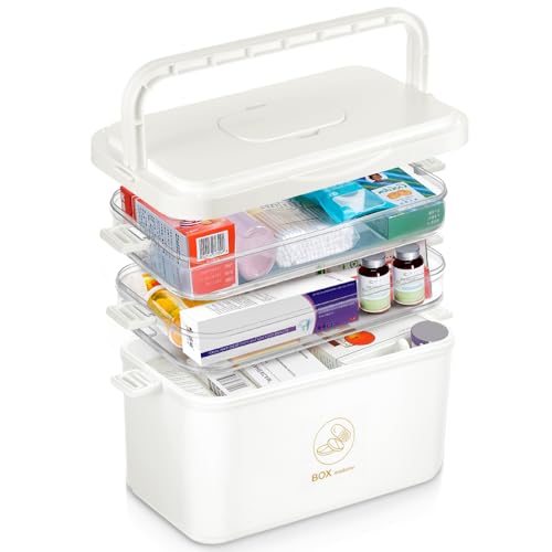 MICHIHOMIE 3-Tier Medikamenten Aufbewahrung, Stöckige Medizinbox Tragbar, Hausapotheke Box mit Tragegriff, Medikamentenbox Groß, Multifunktions Medizin Organizer, 30 x 24 x 16.5cm (Beige) von MICHIHOMIE