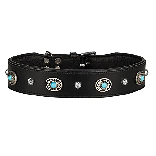 MICHUR Alonzo Hundehalsband Leder Schwarz Breit, Lederhalsband, Halsband, Blaue Steine MIT RUNDNIETEN, in verschiedenen Größen erhältlich von MICHUR OUR WORLD OF PETS FINEST