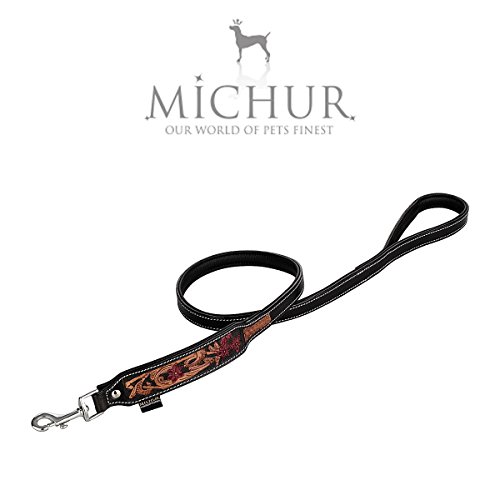 MICHUR Flora Hundeleine Leder, Lederleine Hund, Hundeleine, SCHWARZ Rot Braun, Leder, mit roten Blumenmuster, Gr. 150 x 2,5cm von MICHUR OUR WORLD OF PETS FINEST