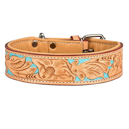 MICHUR Mariano Hundehalsband Leder, Lederhalsband Hund, Halsband, Beige Blau Braun, Leder, mit gestanzten blumigen Mustern, Halsumfang 30-34,5cm / Gesamtlänge 37cm von MICHUR OUR WORLD OF PETS FINEST