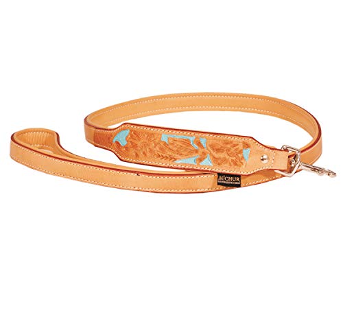 MICHUR Mariano Leine Hundeleine Leder, Lederleine Hund, Leine, Beige Blau Braun, Leder, mit gestanzten blumigen Mustern, passende zu Halsband Mariano von MICHUR OUR WORLD OF PETS FINEST