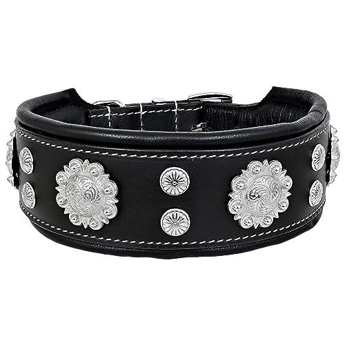 MICHUR Nero Hundehalsband Leder, Lederhalsband Hund, Halsband, schwarz mit schönem Stanzmuster und silbernen Aplikationen Breit, Leder, in verschiedenen Größen erhältlich von MICHUR OUR WORLD OF PETS FINEST