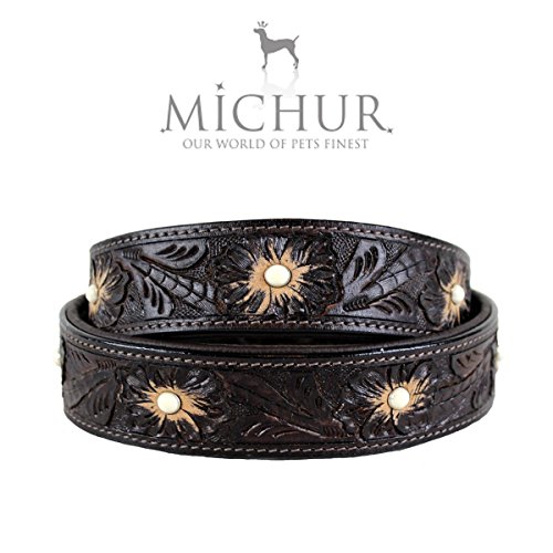 MICHUR Pablo Hundehalsband Leder, Lederhalsband Hund, Halsband, BRAUN, Leder, mit gestanzten Blumenmuster und weißem Stein, in verschiedenen Größen erhältlich von MICHUR OUR WORLD OF PETS FINEST