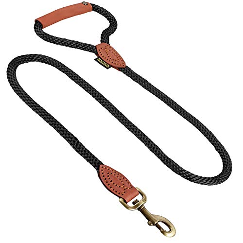 Michur Sherpa Hundeleine Black Stone Führleine rund gewebt aus Nylon Tau mit robustem Leder in verschiedenen Größen erhältlich von MICHUR OUR WORLD OF PETS FINEST