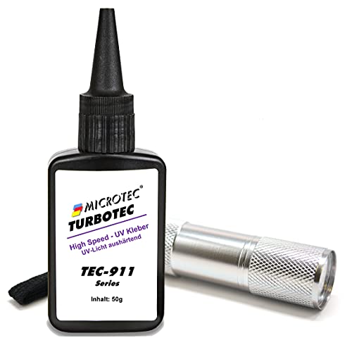 Microtec® Turbotec 911 UV-Kleber | 50g | mit UV-Taschenlampe | High-Speed UV-Kleber - Aushärtung in wenigen Sekunden | lichthärtender und transparenter Klebstoff | Qualitätsprodukt aus Deutschland von MICROTEC