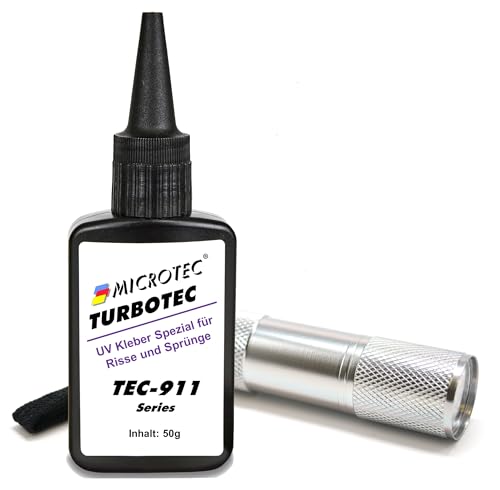 Microtec® Turbotec 911 dünnflüssiger UV-Kleber | Ausbesserung von Rissen und Sprüngen | für Glas/Metall/Kunststoff | 50g | mit UV-Taschenlampe | lichthärtender und transparenter Klebstoff von MICROTEC