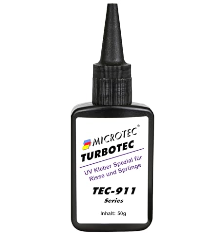 Microtec® Turbotec 911 dünnflüssiger UV-Kleber | Ausbesserung von Rissen und Sprüngen | für Glas/Metall/Kunststoff | 50g | ohne UV-Taschenlampe | lichthärtender und transparenter Klebstoff von MICROTEC