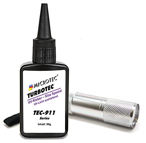 Microtec® Turbotec 911 Glas Spezial UV-Kleber | extra stark für Glas/Metall | 50g | mit UV-Taschenlampe | lichthärtender und transparenter Klebstoff | Qualitätsprodukt aus Deutschland von MICROTEC