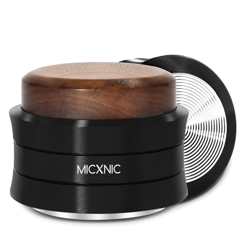 MICXNIC Palm Tamper 58mm, Federbelastet Kaffee Tamper für Barista Zubehör 58mm Siebträger, Self Leveling Espresso Tamper mit 304 Edelstahl Wellenlänge Basis, Walnuss und Schwarz von MICXNIC