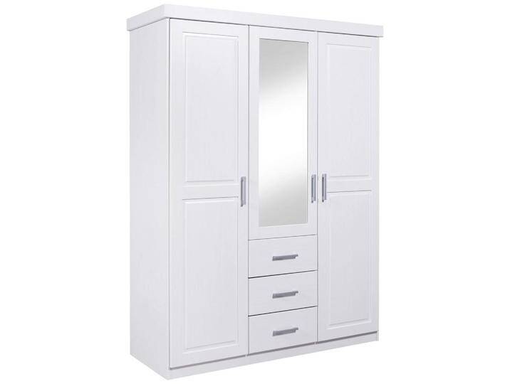 Drehtürenschrank GERALDO - weiß - Kiefer massiv - 140 cm breit, mit Spiegel, 3 Türen, 3 Schubladen, 2 Kleiderstangen von MID.YOU