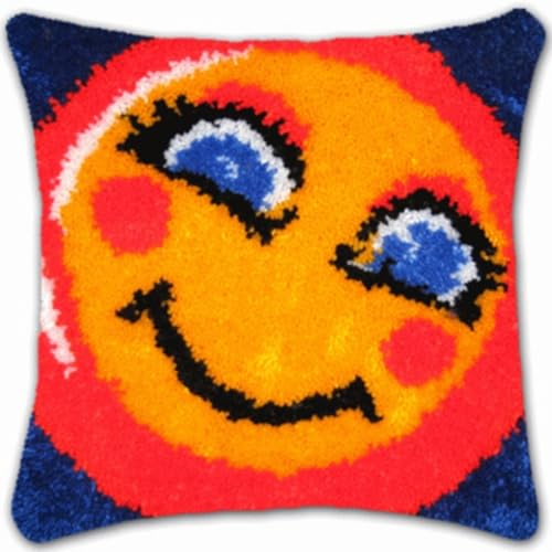 MIDUNU Knüpfkissen-Set, Smiley-Gesicht (43 Cm X 43 Cm), Kissenhülle, Knüpfhaken-Set Mit Grundlegenden Werkzeugen, Diy-Nadeln, Basteln von MIDUNU