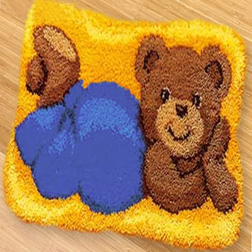 MIDUNU Knüpfteppich-Sets, Diy Knüpfhaken-Sets, Kissen, Knüpfteppich-Sets, Kissen-Stickerei Für Kinder, Kleiner Blauer Bär (43 X 43 Cm) von MIDUNU