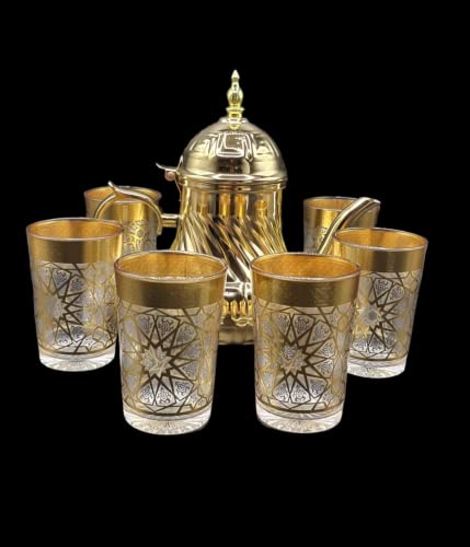 Marokkanisches Tee-Set, Induktions-Teekanne mit integriertem Filter, 36 oz und 6 goldene Gläser von MIELIMON