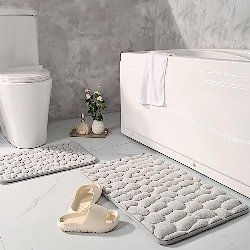 Badematte, 2-teiliges Memory-Schaum, Kopfsteinpflaster-Badezimmerteppich-Set, weich, saugfähig, WC-Dusche, Badteppich, rechteckige Bodenmatte (hellgrau) von MIFXIN