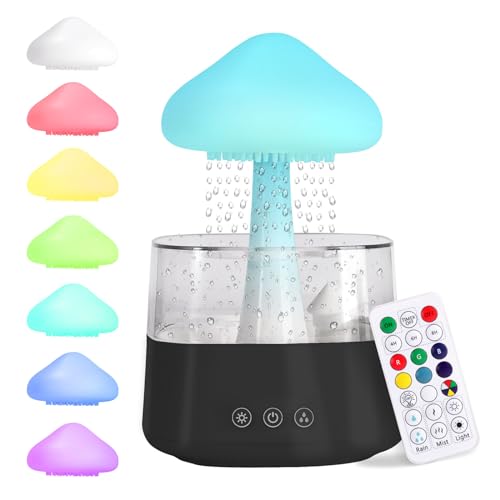 MIFXIN Cloud Rain Humidifier with 7 Colors LED Light, Aromatherapy Essential Oil Diffusers Micro Humidifier with Remote Control, Desk Fountain Bedside Sleeping Relaxing Mood Water Drop Sound (Black) von MIFXIN