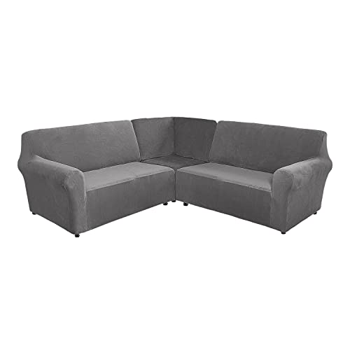 MIFXIN Sofabezug L Form, 3 Stück 5-Sitzer / 7-Sitzer Sofa überzug L Form, weiche waschbare Sofabezüge aus Samt, Stretch Schonbezüge für Wohnzimmer mit Kindern, Hunden und Haustieren (Grau, 7 Sitzer) von MIFXIN