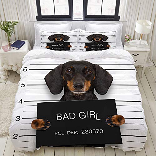 MIGAGA Bedding Bedrucktes Bettbezug-Sets,Dackel-Wurst-Hund mit Polizei,Mikrofaser Kinder Student Schlafsaal Bettwäsche Set (1 Bettbezug + 2 Kissenbezüge) von MIGAGA