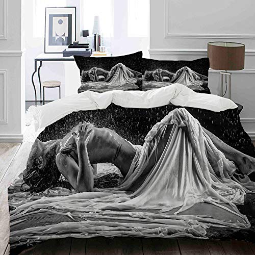 MIGAGA Bettwäsche-Set, Mikrofaser,Nackte Frau im Regen mit weißem und schwarzem Hintergrund,1 Bettbezug 135 x 200cm+ 2 Kopfkissenbezug 80x80cm von MIGAGA