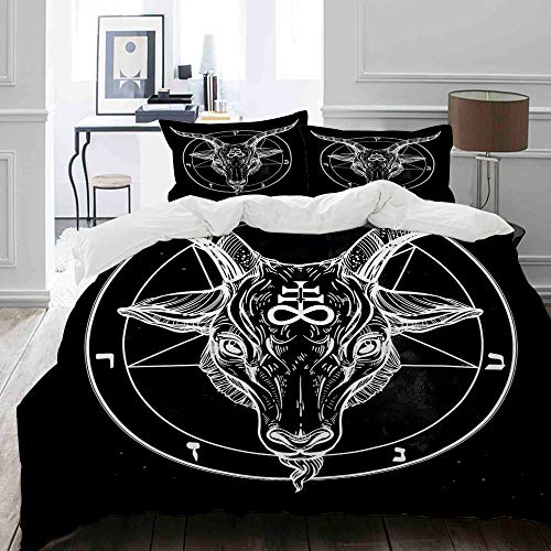 MIGAGA Bettwäsche-Set, Mikrofaser,Pentagramm mit Dämon Baphomet Satanic-Ziegen-Kopf-binäres Symbol-Tätowierungs-Retro- Musik,1 Bettbezug 135 x 200cm+ 2 Kopfkissenbezug 80x80cm von MIGAGA