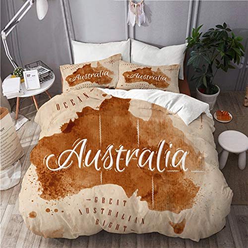 MIGAGA Bettwäsche-Set,Karte Australien Alten Stil braune Grafiken,Dekoratives 3-teiliges Bettwäscheset mit 2 Kissenbezügen,EinzelgröÃŸe(135 x 200cm) von MIGAGA