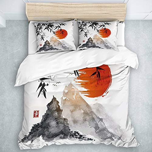 MIGAGA Collection Bettwäsche-Set,Japanische Bambusbäume Sun und Berge imprägniern asiatische Tinten-Malerei,Bettwäsche 3 teilig,1 Bettbezug 135 x 200 cm+2 Kopfkissenbezug 50 x 80 cm von MIGAGA
