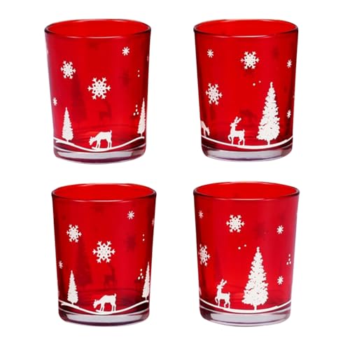 4 Stück Glas Teelicht Kerzenhalter Rot Teelicht Kerzenhalter Klarglas Kerzenhalter mit Schneeflocken-Muster Votivkerzenhalter Set für Hochzeit, Geburtstag, Weihnachten von MIGIFTDY