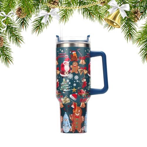 MIGIFTDY Weihnachten Thermobecher mit Strohhalm und Henkel, Doppelwandiger Edelstahl Vakuum Isolierbecher Tragbare Autobecher für Kalte Heiße Getränke (B) von MIGIFTDY