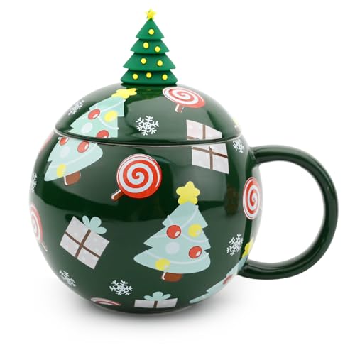 Weihnachtsbecher Keramik, 430ml Neuheit Weihnachtstasse Weihnachten Kaffeetasse mit Deckel und Löffel Süße tassen Weihnachten Becher Kaffee Teegläser Trinkgläser Kaffeeg (grün) von MIGIFTDY