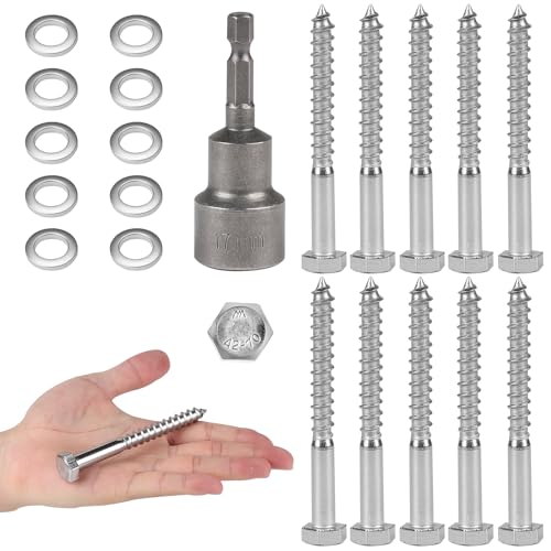 MIGUBIGU 10 Stück Sechskant Holzschrauben Edelstahl M10*100 mm mit Dichtscheibe und Sechskant Steckschlussel, Schlüsselschrauben, Sechskantschrauben, Edelstahlschrauben Holz von MIGUBIGU